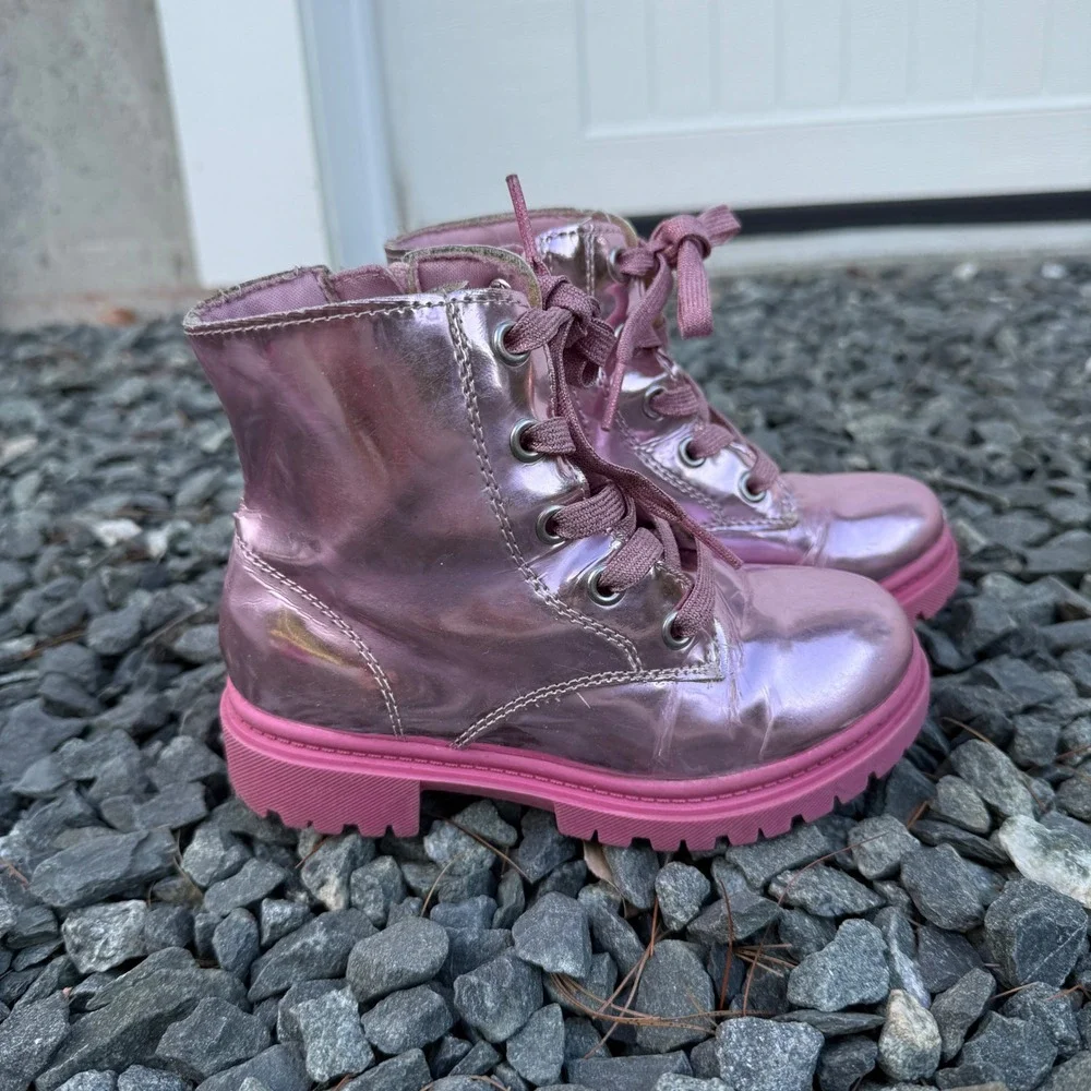 Jumping Beans Girls Metallic Pink Combat Boots Side Zip Heart Lug Sole Size 11T